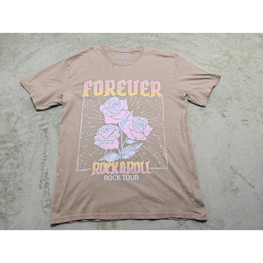 Happy Colors Forever Rock N Roll Tour Shirt Sz M Pink Roses Graphic Tee Brown